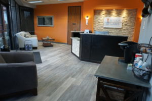Spacious lobby with coffee bar