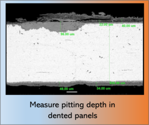 Measure pitting depth in dented panels